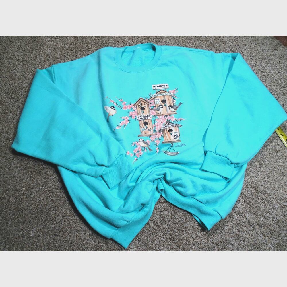 Vintage 90s Morning Sun Chickadee Bird Sweatshirt Nature Pullover Large or XL